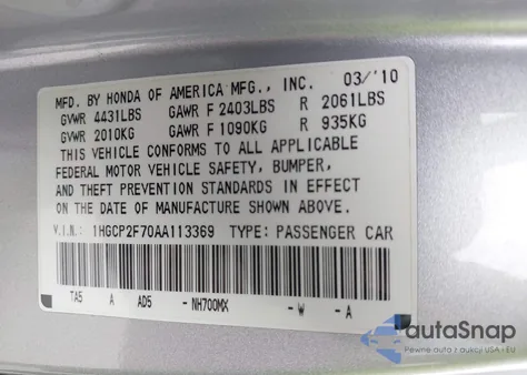 2010 Honda Accord 2.4 Ex из США, поврежденный, VIN 1HGCP2F70AA113369